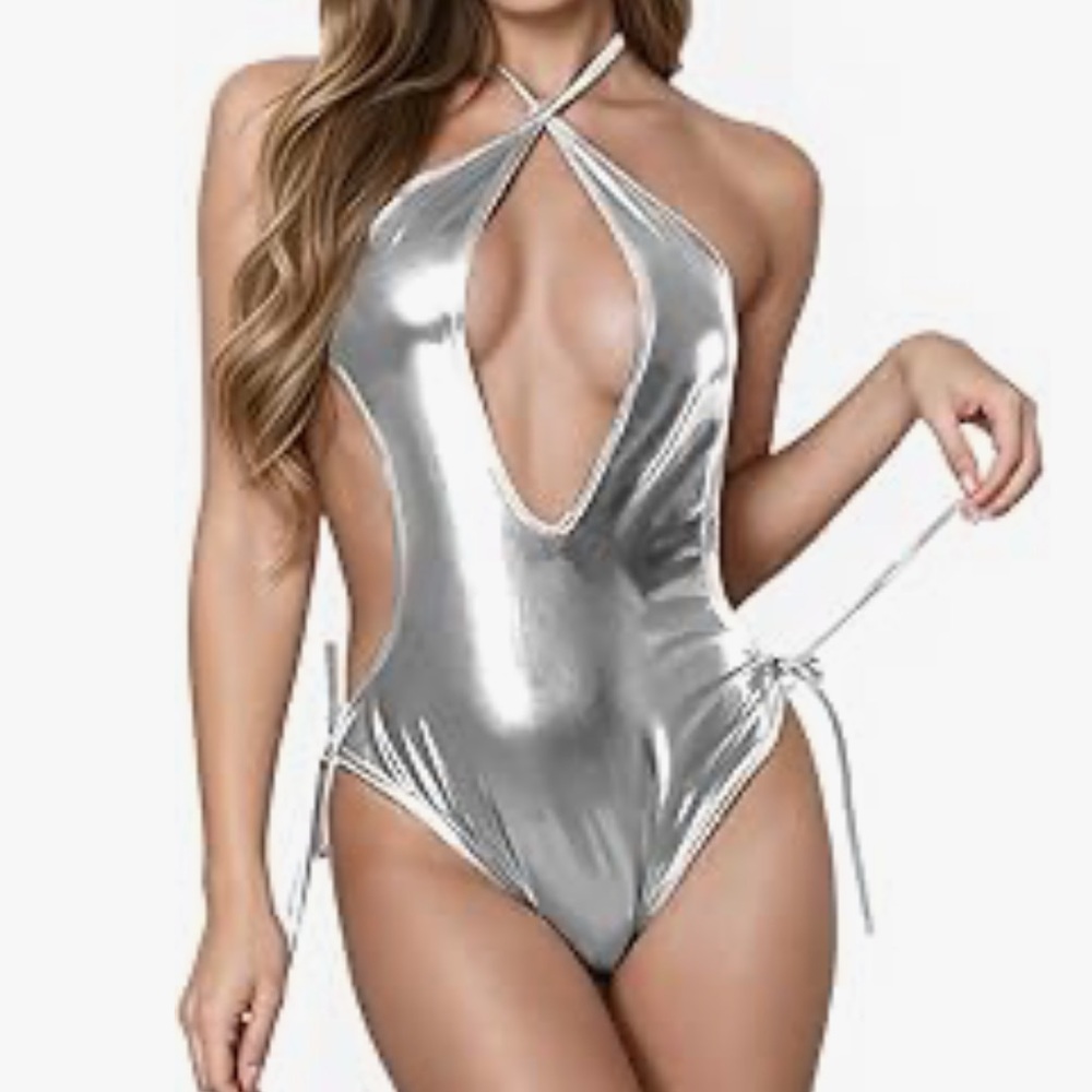 Silver bunny rave bodysuit romper metallic swimsuit monokini festival costume